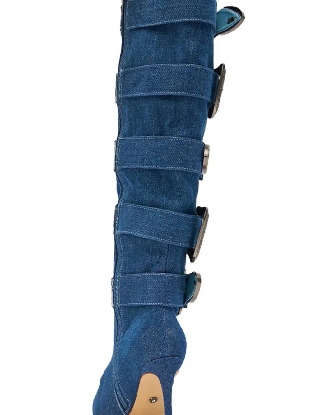 AKIRA Denim Blue Over-the-Knee Buckle Stiletto Boots